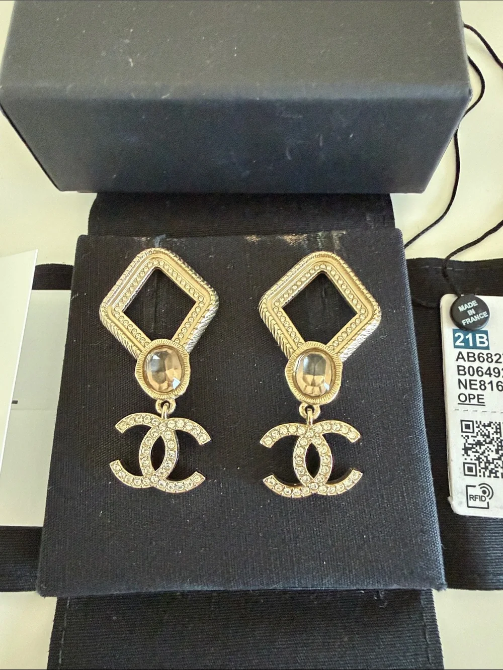 CHANEL Gold and Clear Crystal CC Drop Earrings